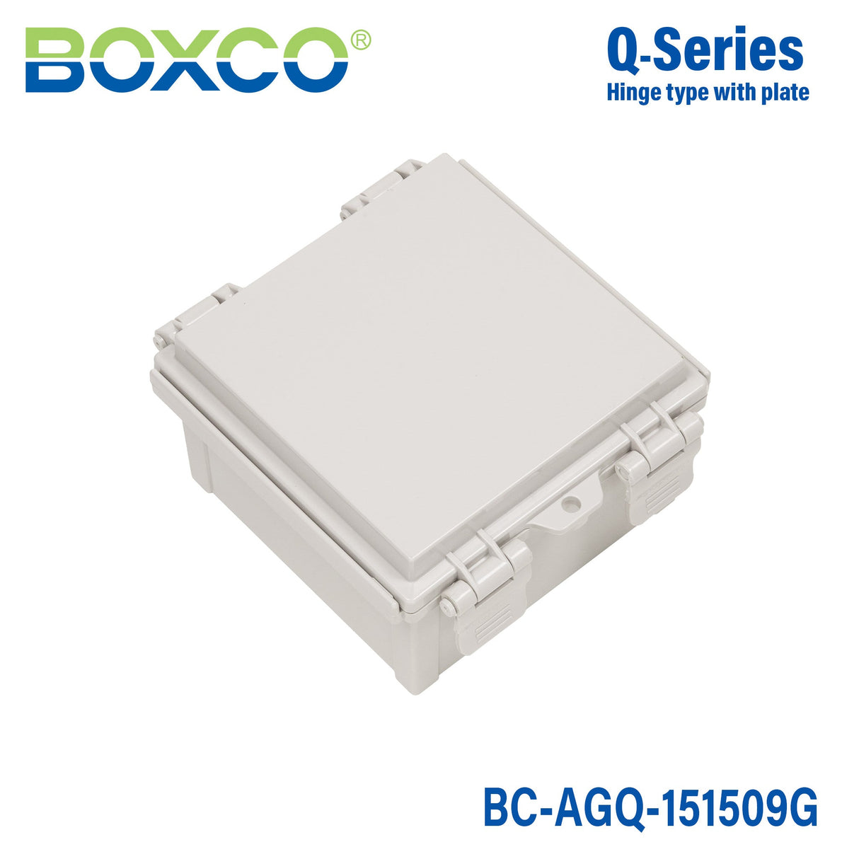 Boxco Q - series 5.91 x 5.91 x 3.54 Inches(150 x 150 x 90mm) Plastic Enclosure, IP67, IK08, ABS, Grey Cover, Hinge Type with Plate - BC-AGQ-151509G - powersupplymall.com