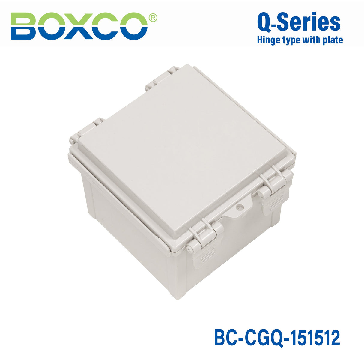 Boxco Q - Series 5.91 x 5.91 x 4.72 Inches(150 x 150 x 120mm) Plastic Enclosure, IP67, IK08, PC, Grey Cover, Plastic Hinge and Latch Type - BC - CGQ - 151512 - powersupplymall.com