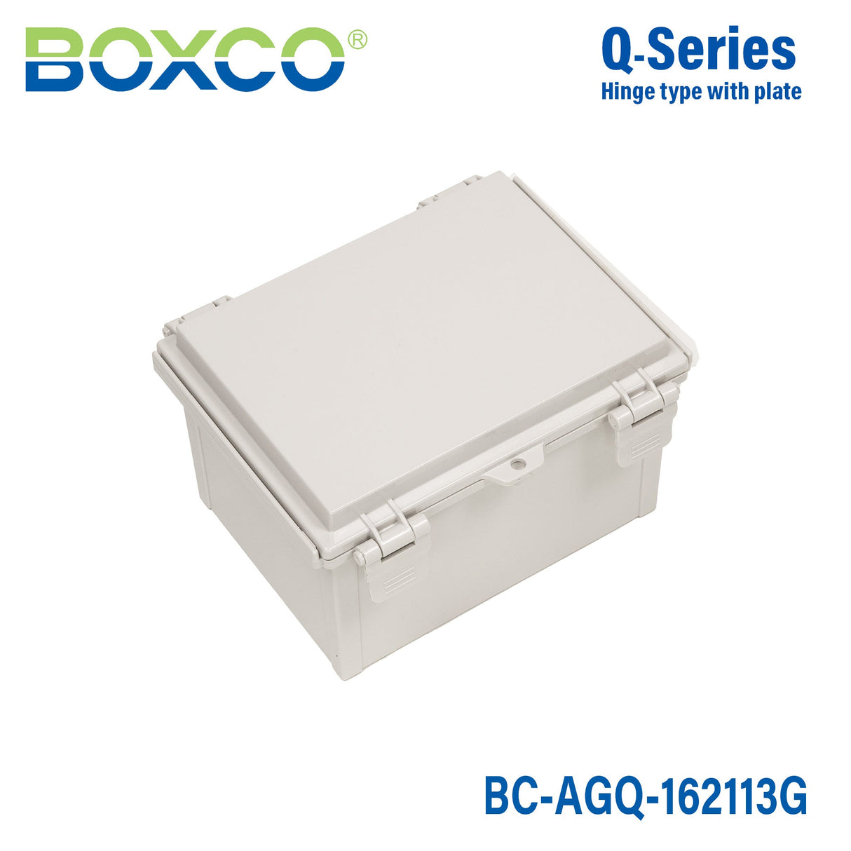 Boxco Q - Series 6.30 x 8.27 x 5.12 Inches(160 x 210 x 130mm) Plastic Enclosure, IP67, IK08, ABS, Grey Cover, Hinge Type with Plate - BC - AGQ - 162113G - powersupplymall.com