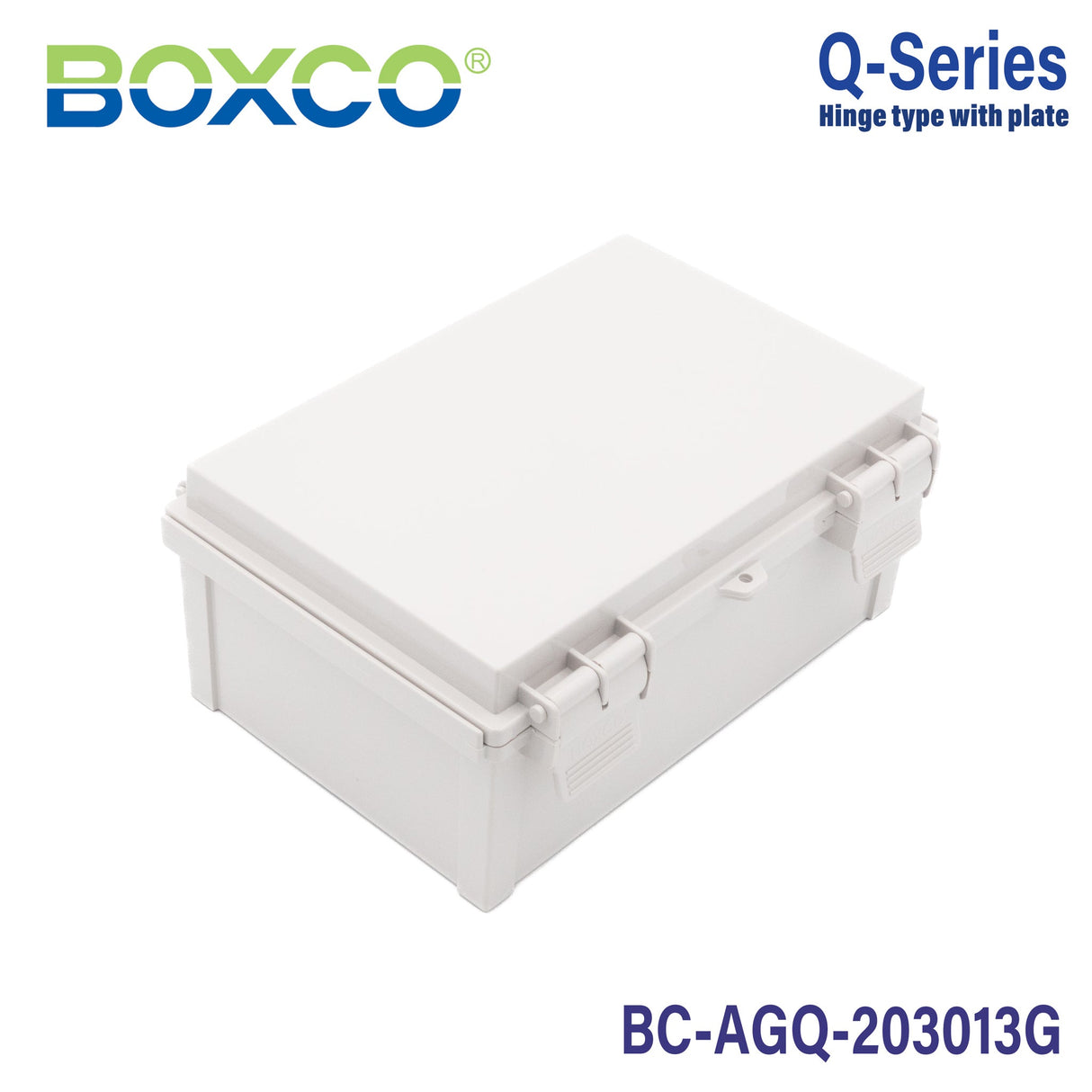 Boxco Q - Series 7.87 x 11.81 x 5.12 Inches(200 x 300 x 130mm) Plastic Enclosure, IP67, IK08, ABS, Grey Cover, Hinge Type with Plate - BC-AGQ-203013G - powersupplymall.com