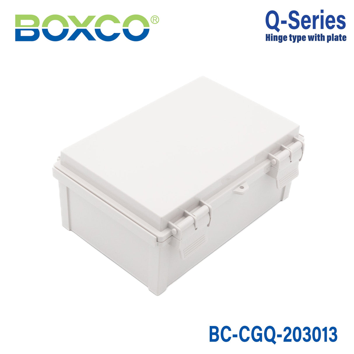 Boxco Q - Series 7.87 x 11.81 x 5.12 Inches(200 x 300 x 130mm) Plastic Enclosure, IP67, IK08, PC, Grey Cover, Plastic Hinge and Latch Type - BC - CGQ - 203013 - powersupplymall.com