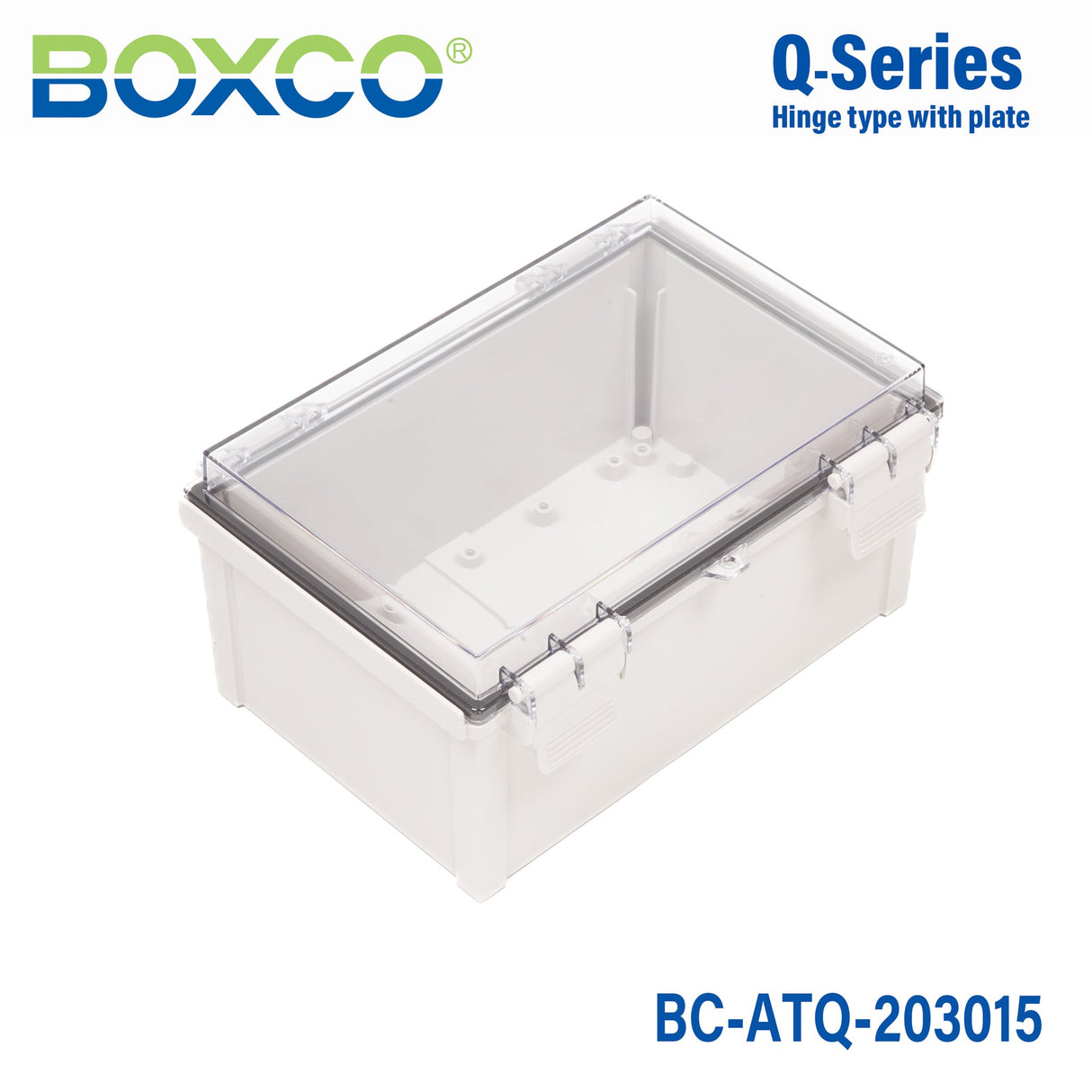 Boxco Q - Series 7.87 x 11.81 x 5.91 Inches(200 x 300 x 150mm) Plastic Enclosure, IP67, IK08, ABS, Transparent Cover, Plastic Hinge and Latch Type - BC - ATQ - 203015 - powersupplymall.com