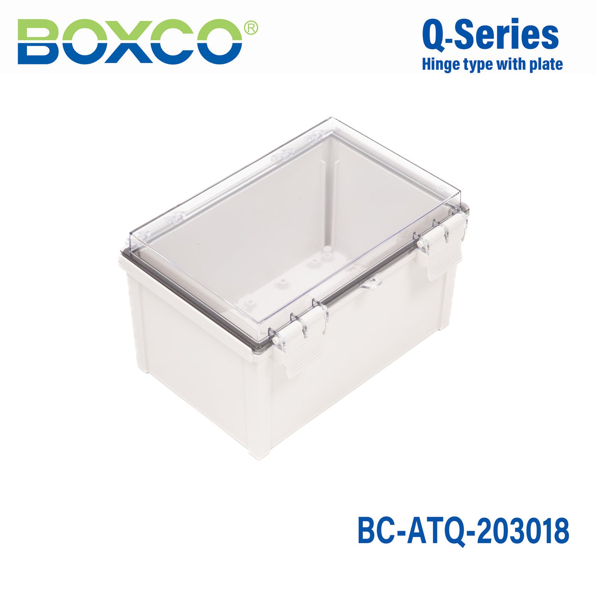 Boxco Q - Series 7.87 x 11.81 x 7.09 Inches(200 x 300 x 180mm) Plastic Enclosure, IP67, IK08, ABS, Transparent Cover, Plastic Hinge and Latch Type - BC-ATQ-203018 - powersupplymall.com