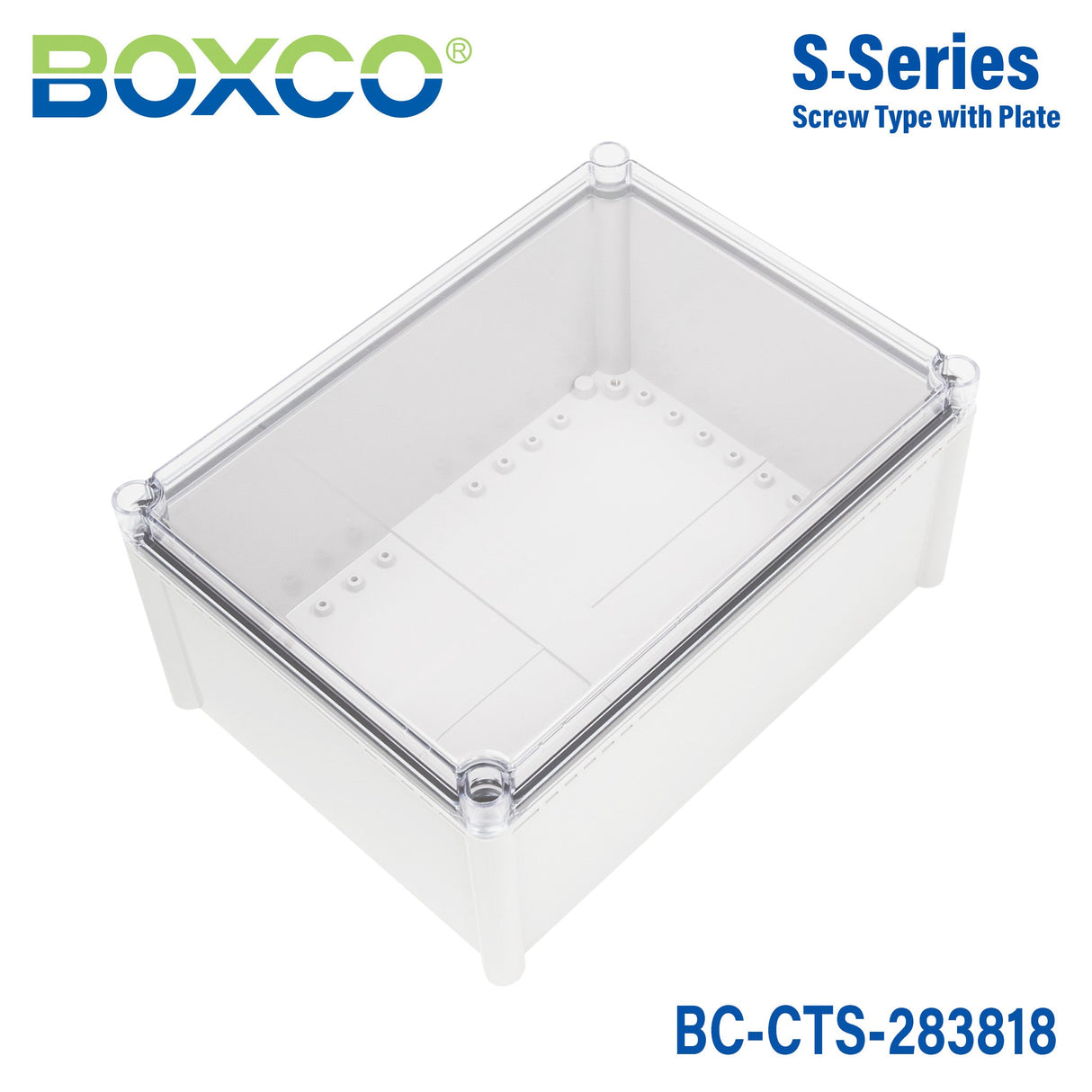 Boxco S - Series 11.02 x 14.96 x 7.09 Inches(280x380x180mm) Plastic Enclosure, IP67, IK08, PC, Transparent Cover, Screw Type - BC-CTS-283818 - powersupplymall.com