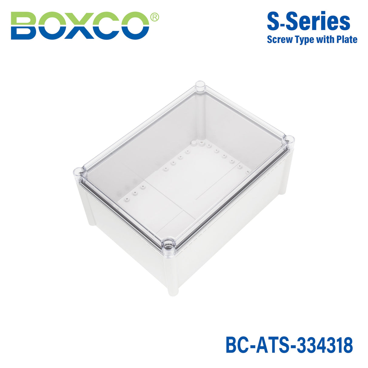 Boxco S - Series 12.99 x 16.93 x 7.09 Inches(330x430x180mm) Plastic Enclosure, IP67, IK08, ABS, Transparent Cover, Screw Type - BC - ATS - 334318 - powersupplymall.com