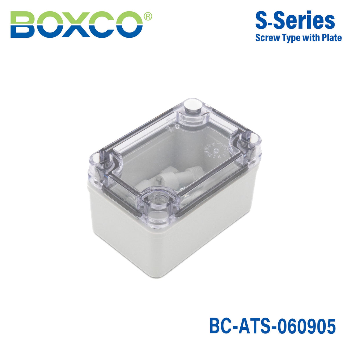 Boxco S - Series 2.56 x 3.74 x 2.17 Inches(65x95x55mm) Plastic Enclosure, IP67, IK08, ABS, Transparent Cover, Screw Type - BC-ATS-060905 - powersupplymall.com