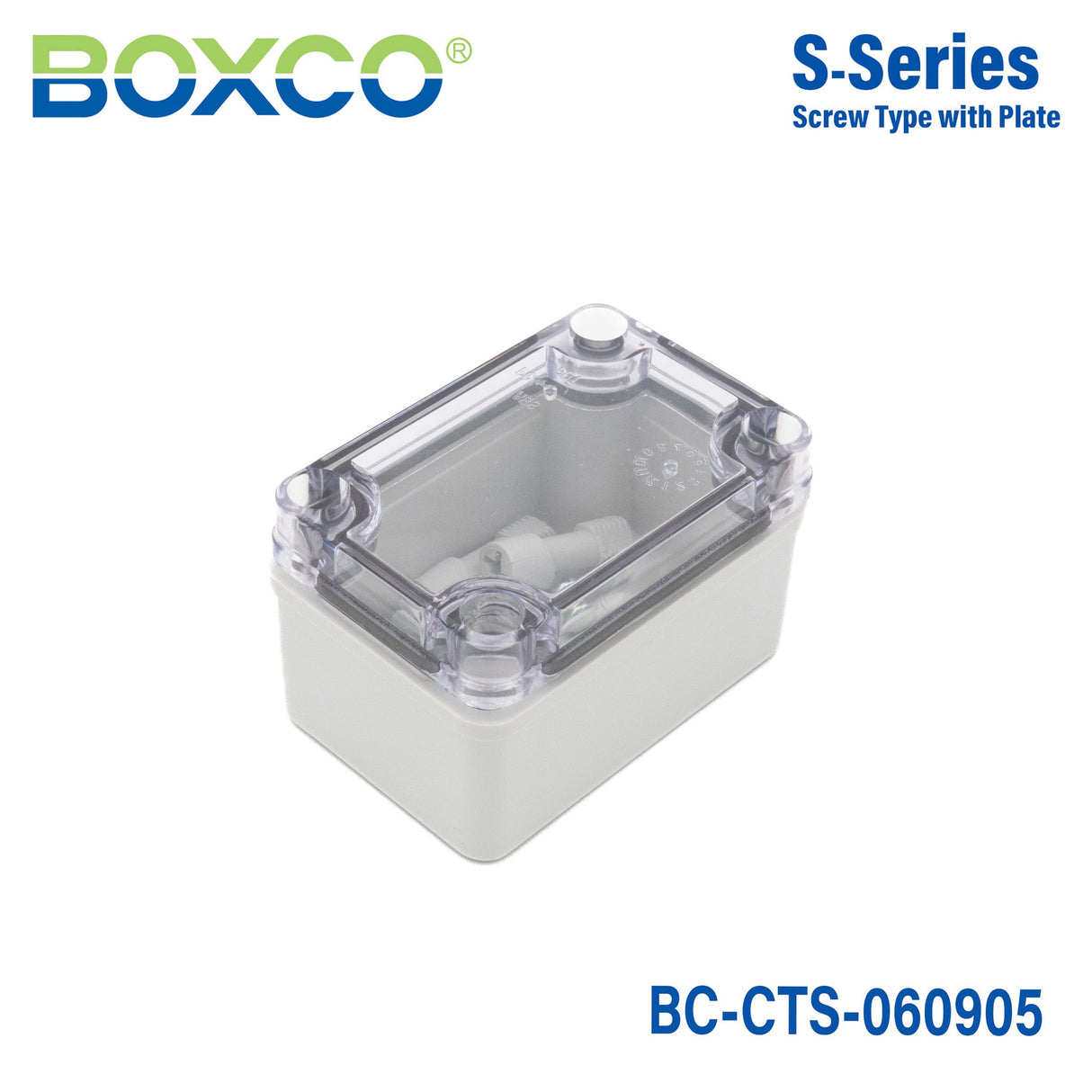 Boxco S - Series 2.56 x 3.74 x 2.17 Inches(65x95x55mm) Plastic Enclosure, IP67, IK08, PC, Transparent Cover, Screw Type - BC - CTS - 060905 - powersupplymall.com
