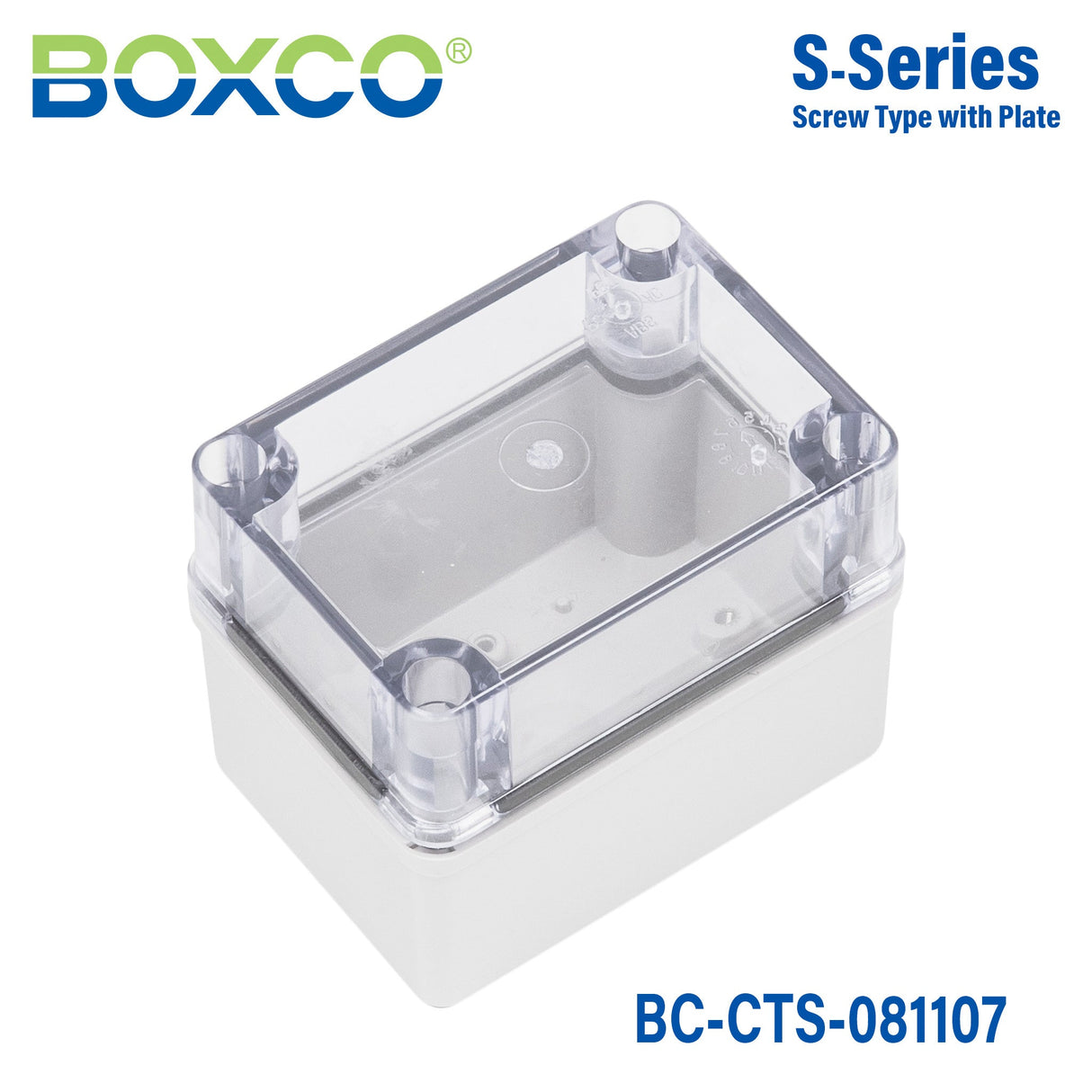 Boxco S - Series 3.15 x 4.33 x 2.76 Inches(80x110x70mm) Plastic Enclosure, IP67, IK08, PC, Transparent Cover, Screw Type - BC - CTS - 081107 - powersupplymall.com
