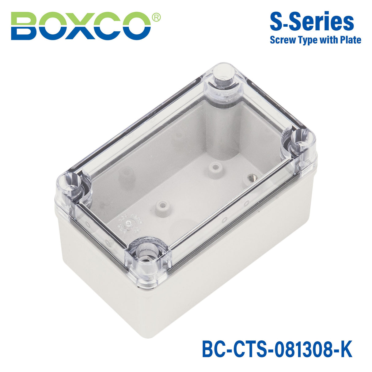 Boxco S - Series 3.15 x 5.12 x 3.35 Inches(80 x 130 x 85mm) Plastic Enclosure, IP67, IK08, PC, Transparent Cover, Screw Type - BC - CTS - 081308 - K - powersupplymall.com