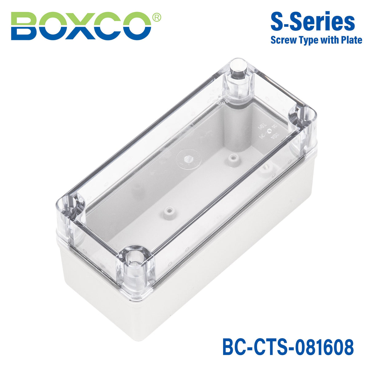 Boxco S - Series 3.15 x 6.3 x 3.35 Inches(80x160x85mm) Plastic Enclosure, IP67, IK08, PC, Transparent Cover, Screw Type - BC-CTS-081608 - powersupplymall.com