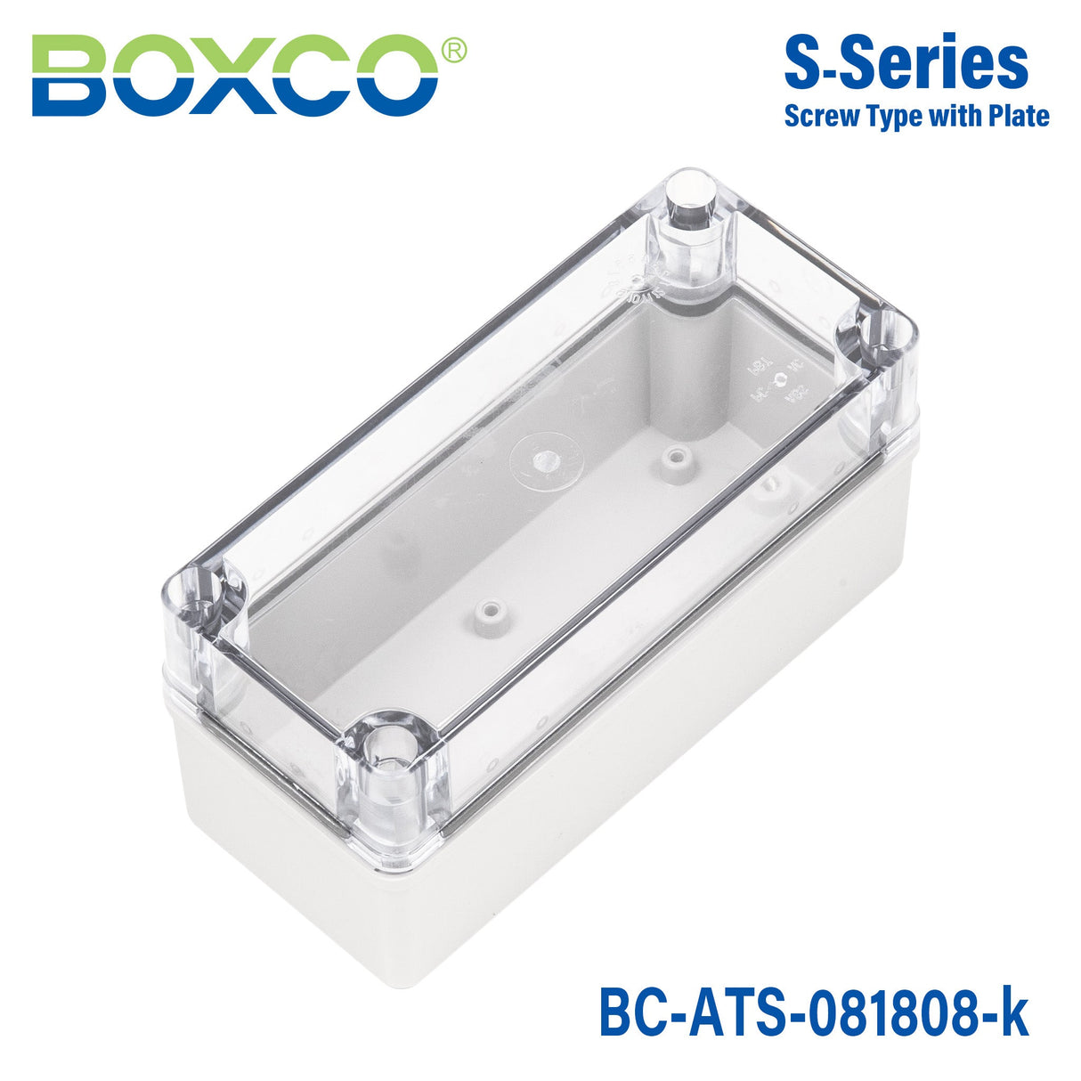 Boxco S - Series 3.15 x 7.09 x 3.35 Inches(80 x 180 x 85mm) Plastic Enclosure, IP67, IK08, ABS, Transparent Cover, Screw Type - BC - ATS - 081808 - K - powersupplymall.com