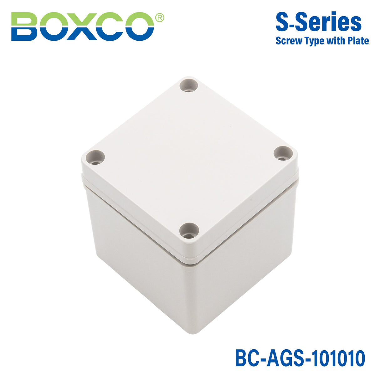 Boxco S - Series 3.94 x 3.94 x 3.94 Inches(100x100x100mm) Plastic Enclosure, IP67, IK08, ABS, Grey Cover, Screw Type - BC - AGS - 101010 - powersupplymall.com