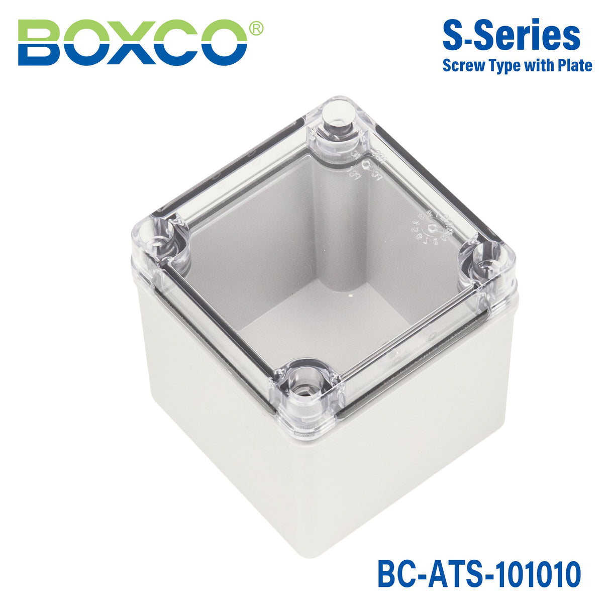 Boxco S - Series 3.94 x 3.94 x 3.94 Inches(100x100x100mm) Plastic Enclosure, IP67, IK08, ABS, Transparent Cover, Screw Type - BC-ATS-101010 - powersupplymall.com