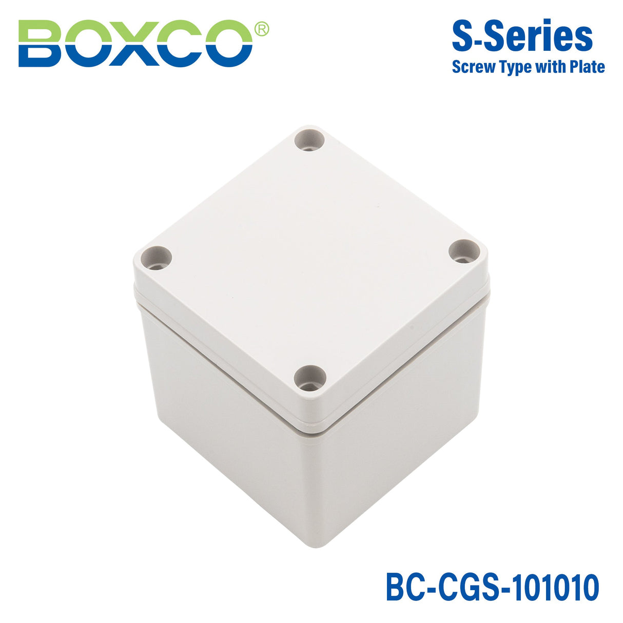 Boxco S - Series 3.94 x 3.94 x 3.94 Inches(100x100x100mm) Plastic Enclosure, IP67, IK08, PC, Grey Cover, Screw Type - BC-CGS-101010 - powersupplymall.com