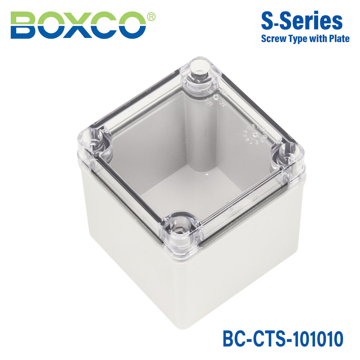 Boxco S - Series 3.94 x 3.94 x 3.94 Inches(100x100x100mm) Plastic Enclosure, IP67, IK08, PC, Transparent Cover, Screw Type - BC-CTS-101010 - powersupplymall.com