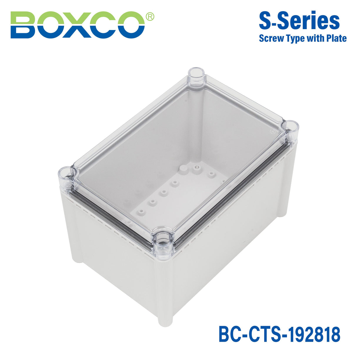 Boxco S - Series 7.48 x 11.02 x 7.09 Inches(190x280x180mm) Plastic Enclosure, IP67, IK08, PC, Transparent Cover, Screw Type - BC-CTS-192818 - powersupplymall.com
