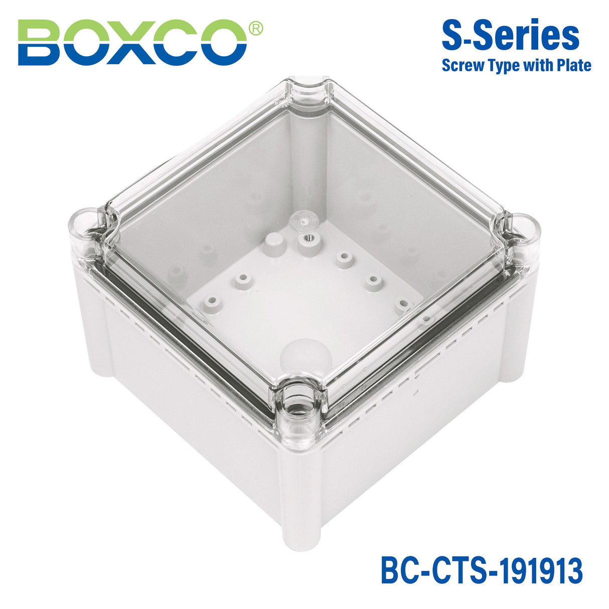 Boxco S - Series 7.48 x 7.48 x 5.12 Inches(190x190x130mm) Plastic Enclosure, IP67, IK08, PC, Transparent Cover, Screw Type - BC-CTS-191913 - powersupplymall.com