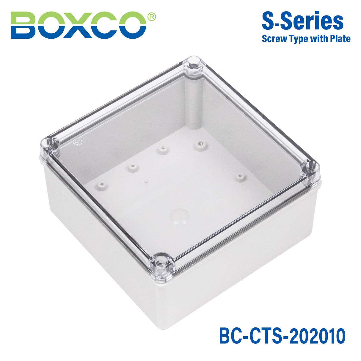 Boxco S - Series 7.87 x 7.87 x 3.94 Inches(200x200x100mm) Plastic Enclosure, IP67, IK08, PC, Transparent Cover, Screw Type - BC - CTS - 202010 - powersupplymall.com