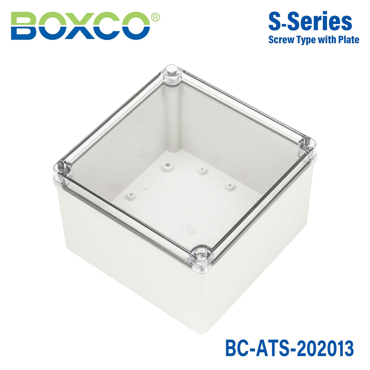 Boxco S - Series 7.87 x 7.87 x 5.12 Inches(200x200x130mm) Plastic Enclosure, IP67, IK08, ABS, Transparent Cover, Screw Type - BC-ATS-202013 - powersupplymall.com