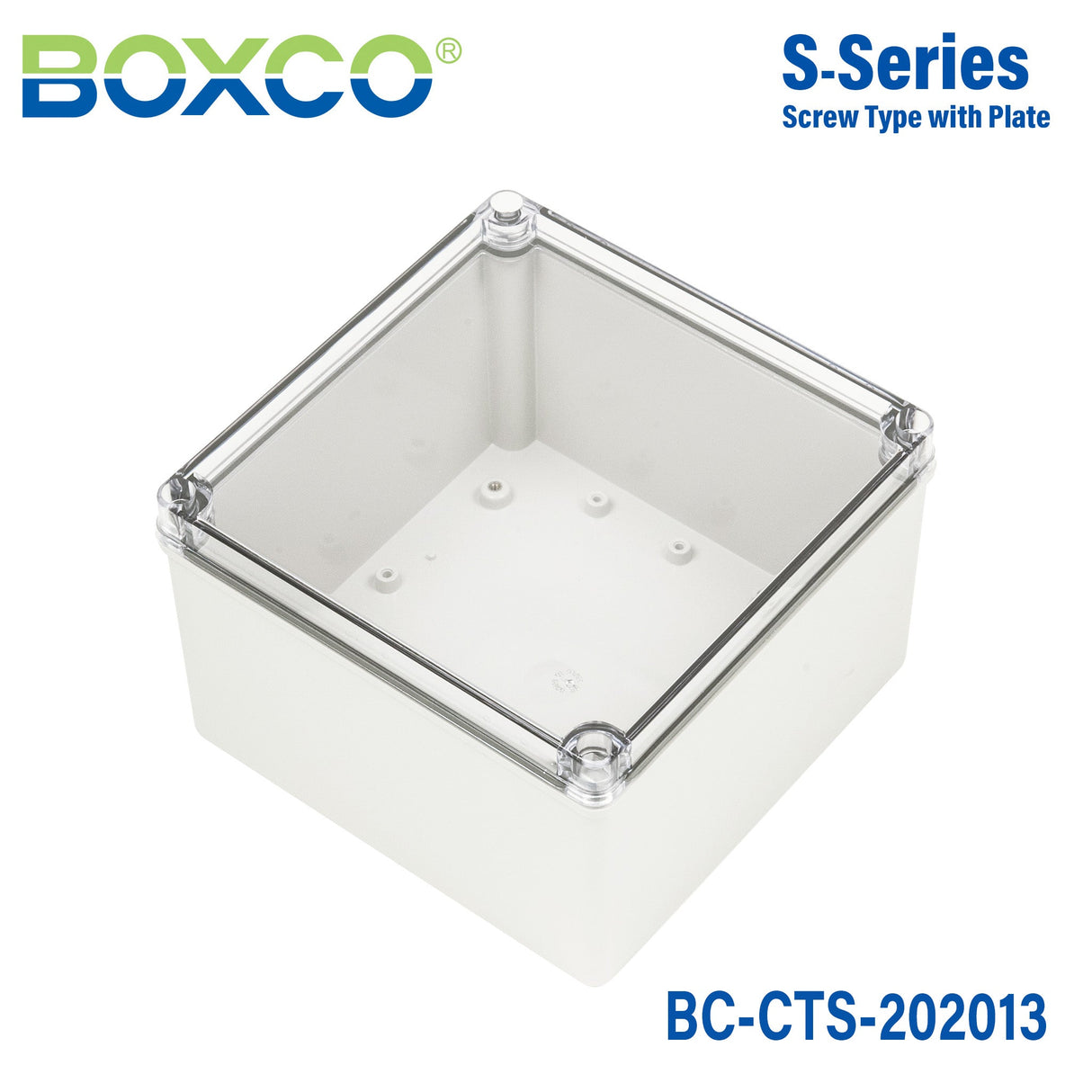 Boxco S - Series 7.87 x 7.87 x 5.12 Inches(200x200x130mm) Plastic Enclosure, IP67, IK08, PC, Transparent Cover, Screw Type - BC-CTS-202013 - powersupplymall.com