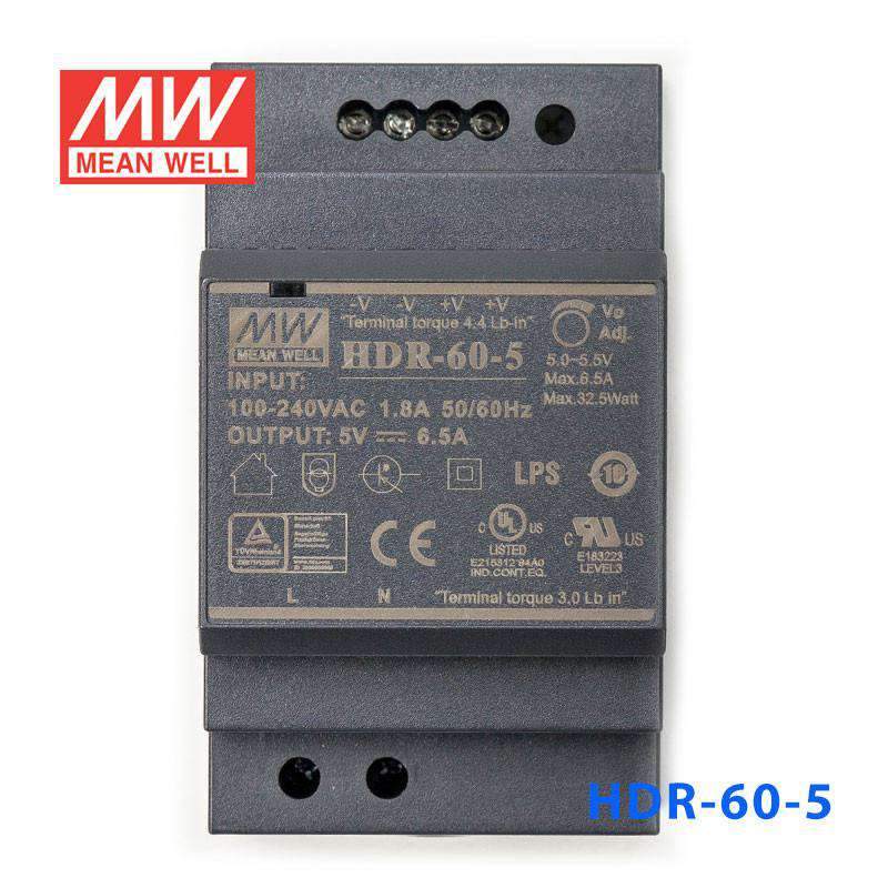 Mean Well HDR-60-5 Ultra Slim Step Shape Power Supply 60W 5V 6.5A - DIN Rail