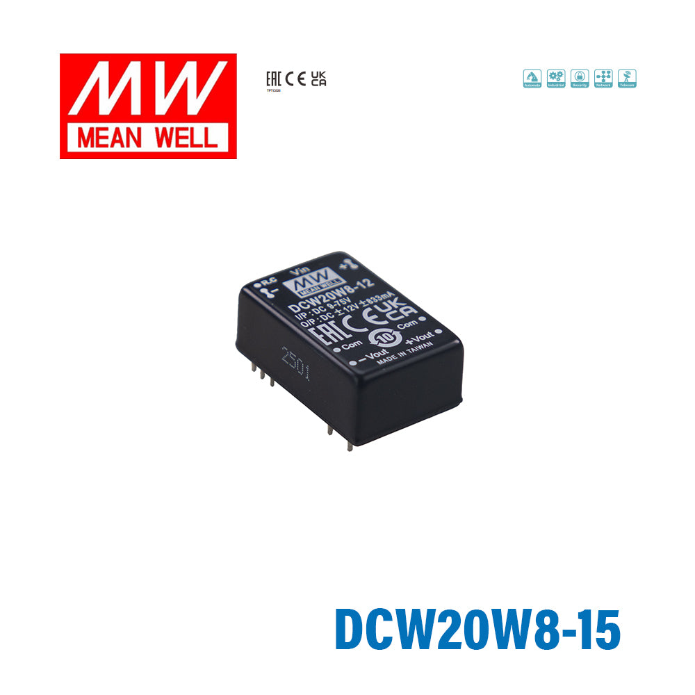 Mean Well DCW20W8-15 DC-DC Converter - 20W 9~75V DC in ±15V out 667mA