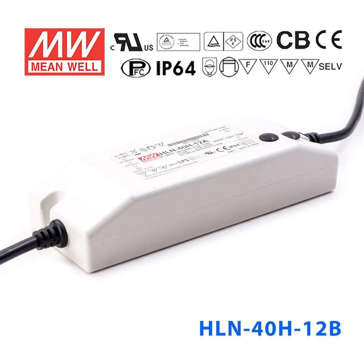 Mean Well HLN-40H-12B Power Supply 40W 12V - IP64, Dimmable 3.33A