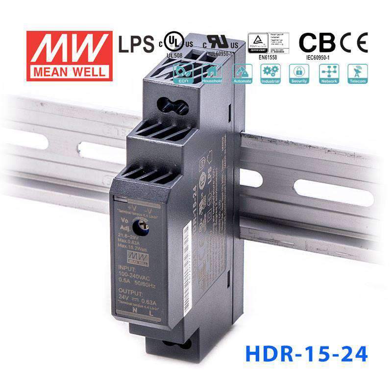 Mean Well HDR-15-24 Ultra Slim Step Shape Power Supply 15W 24V - DIN Rail