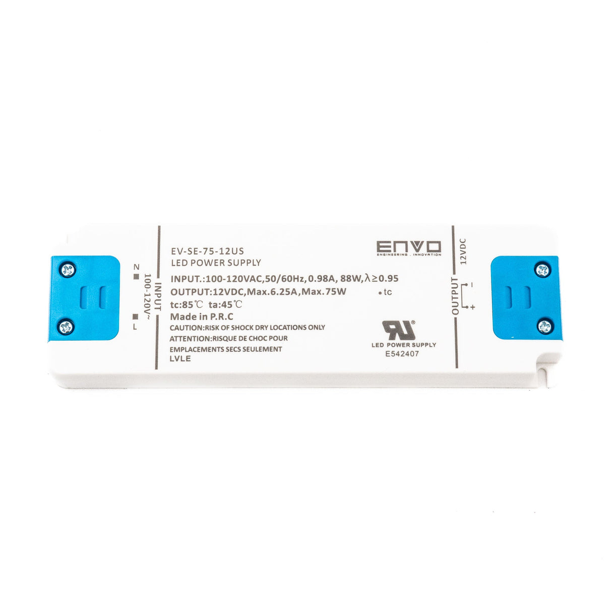 ENVO EV-SE-75-12US LED Driver 75W 12V 6.25A - EV-SE-75-12US - powersupplymall.com