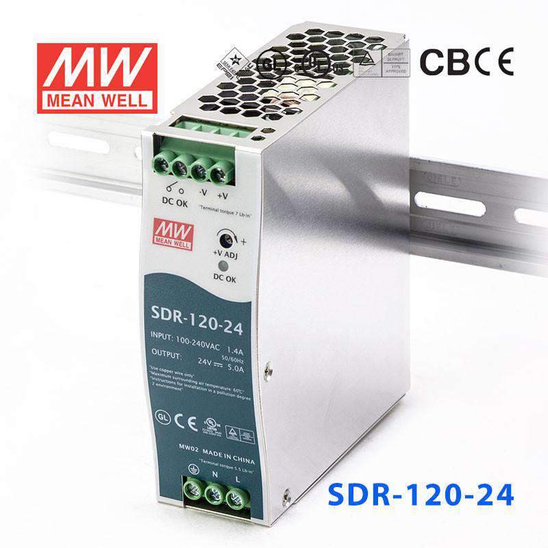 Mean Well SDR-120-24 Single Output Industrial Power Supply 120W 24V 5A - DIN Rail