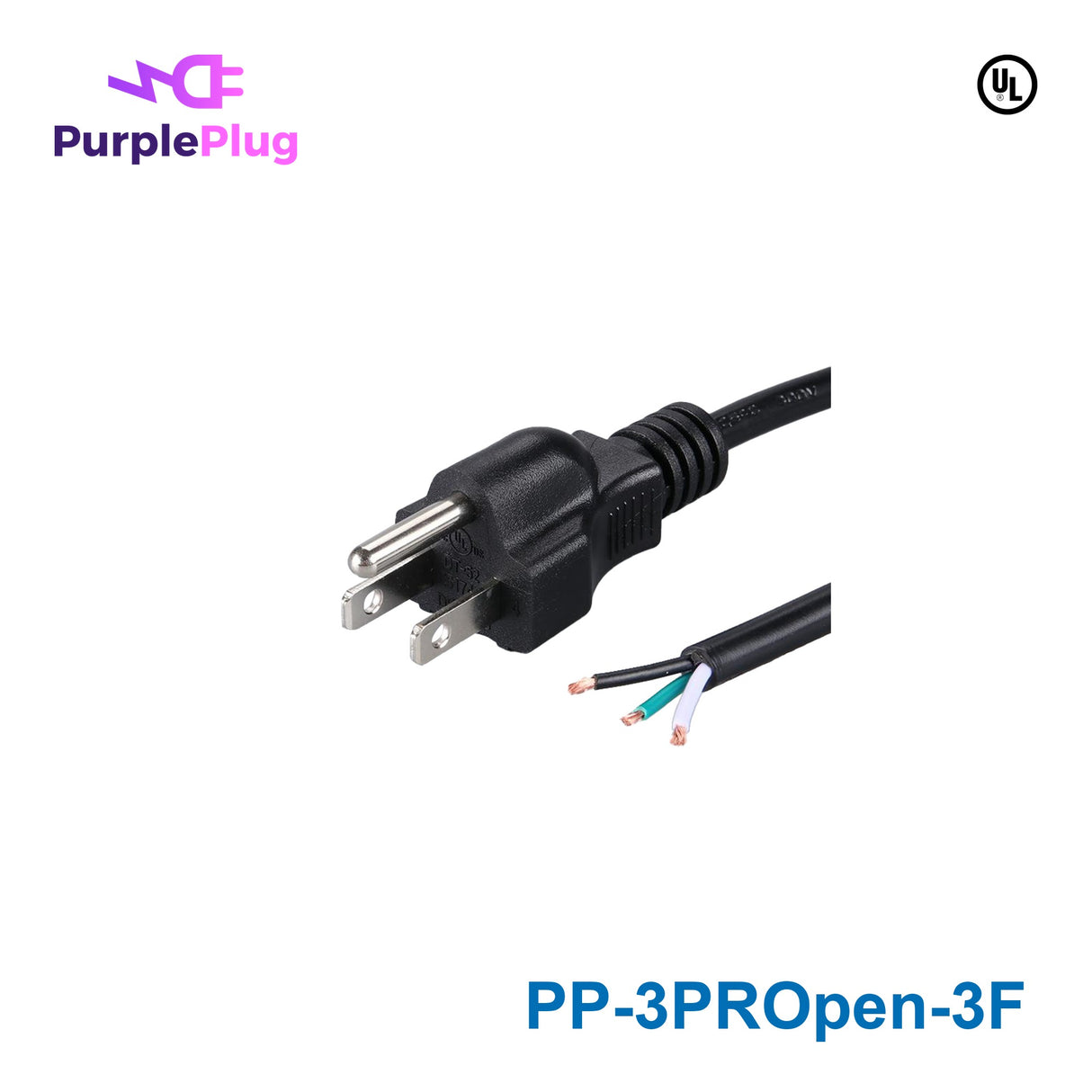 Purple Plug 3 Prong NEMA 5-15P Open End Power Cord - 3FT, Copper, 18AWG, 125V 10A, SVT Wire
