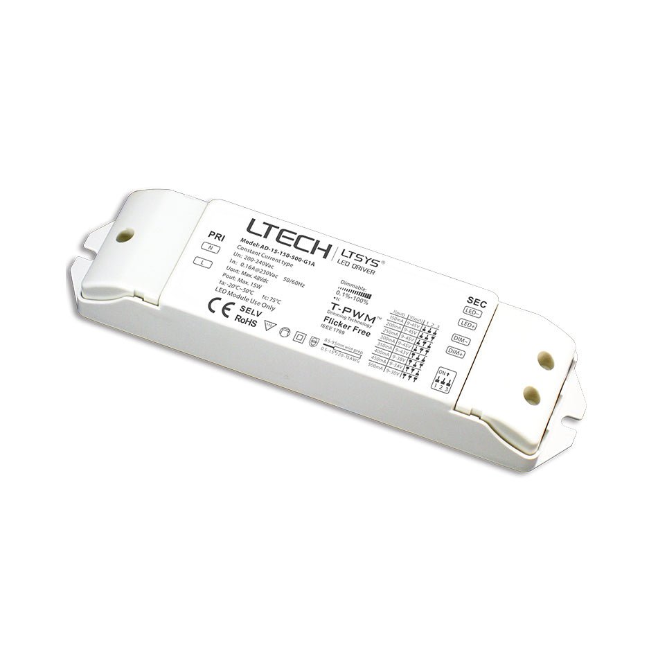 LTECH AD - 15 - 150 - 500 - G1A 13W 24VDC CC 0/1 - 10V LED Driver - Selectable Output - AD - 15 - 150 - 500 - G1A - powersupplymall.com
