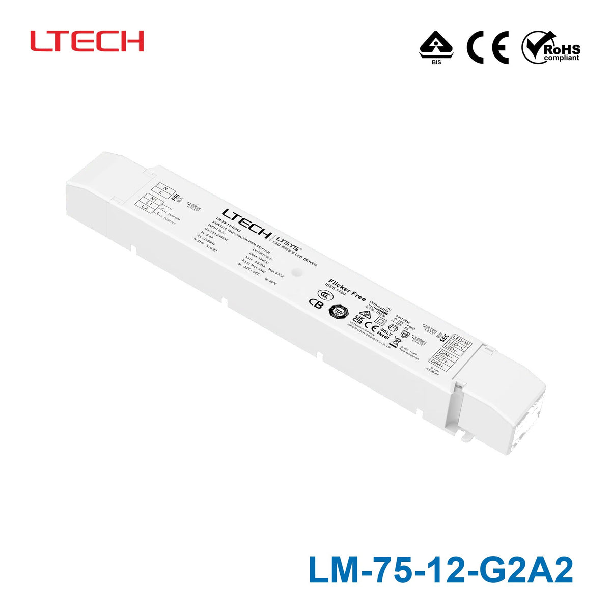 Ltech LM-75-12-G2A2 75W 12VDC CV LED Driver - 0/1-10Vdimmable 6.25A - LM-75-12-G2A2 - powersupplymall.com