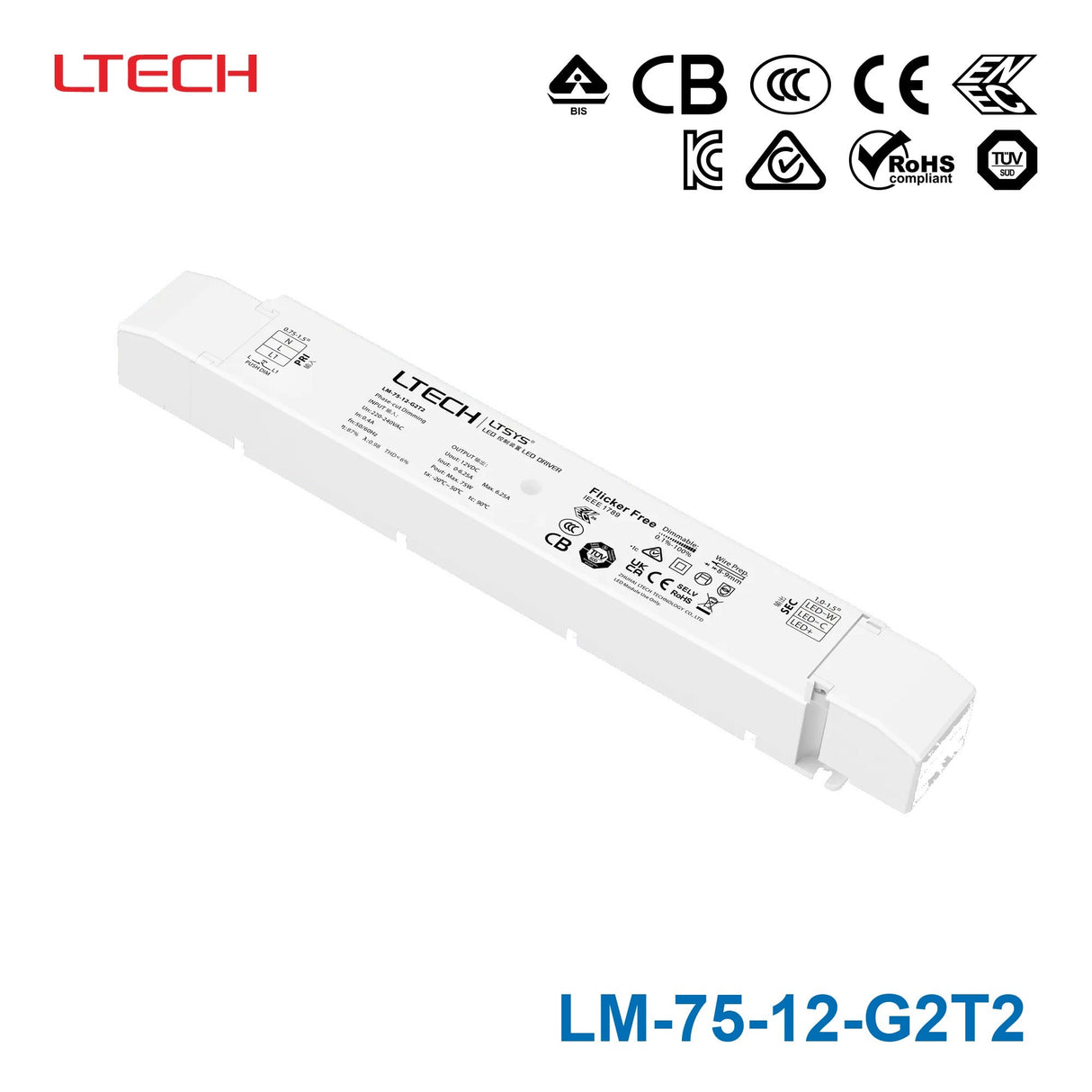 Ltech LM-75-12-G2T2 75W 12VDC CV Triac Driver 6.25A - LM-75-12-G2T2 - powersupplymall.com