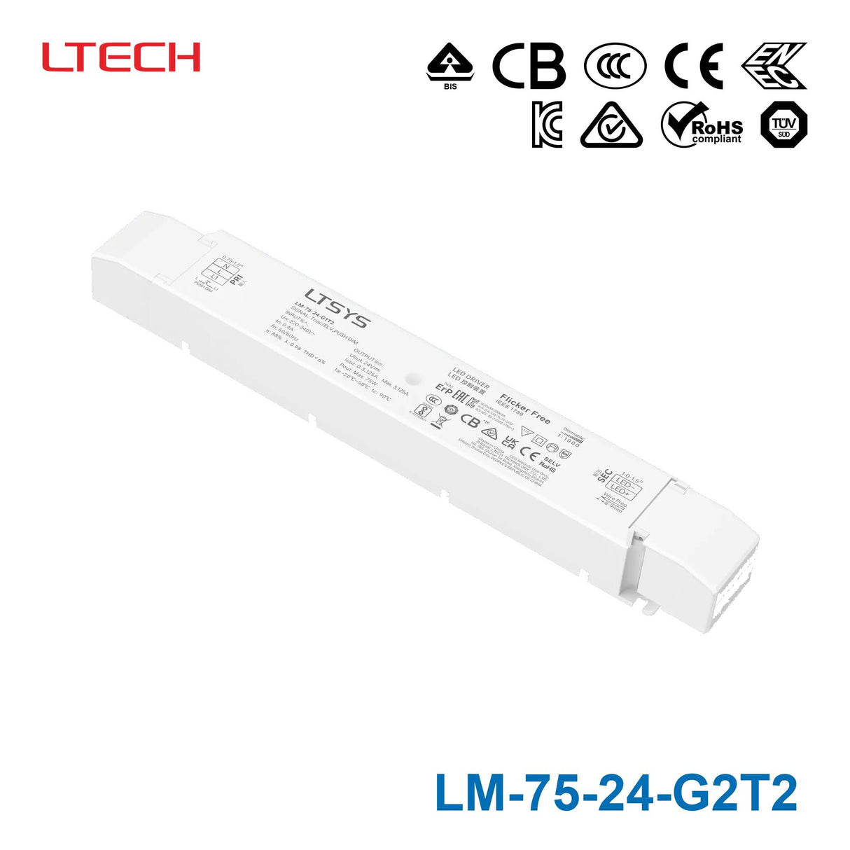 Ltech LM-75-24-G2T2 75W 24VDC CV Triac Driver 3.125A - LM-75-24-G2T2 - powersupplymall.com
