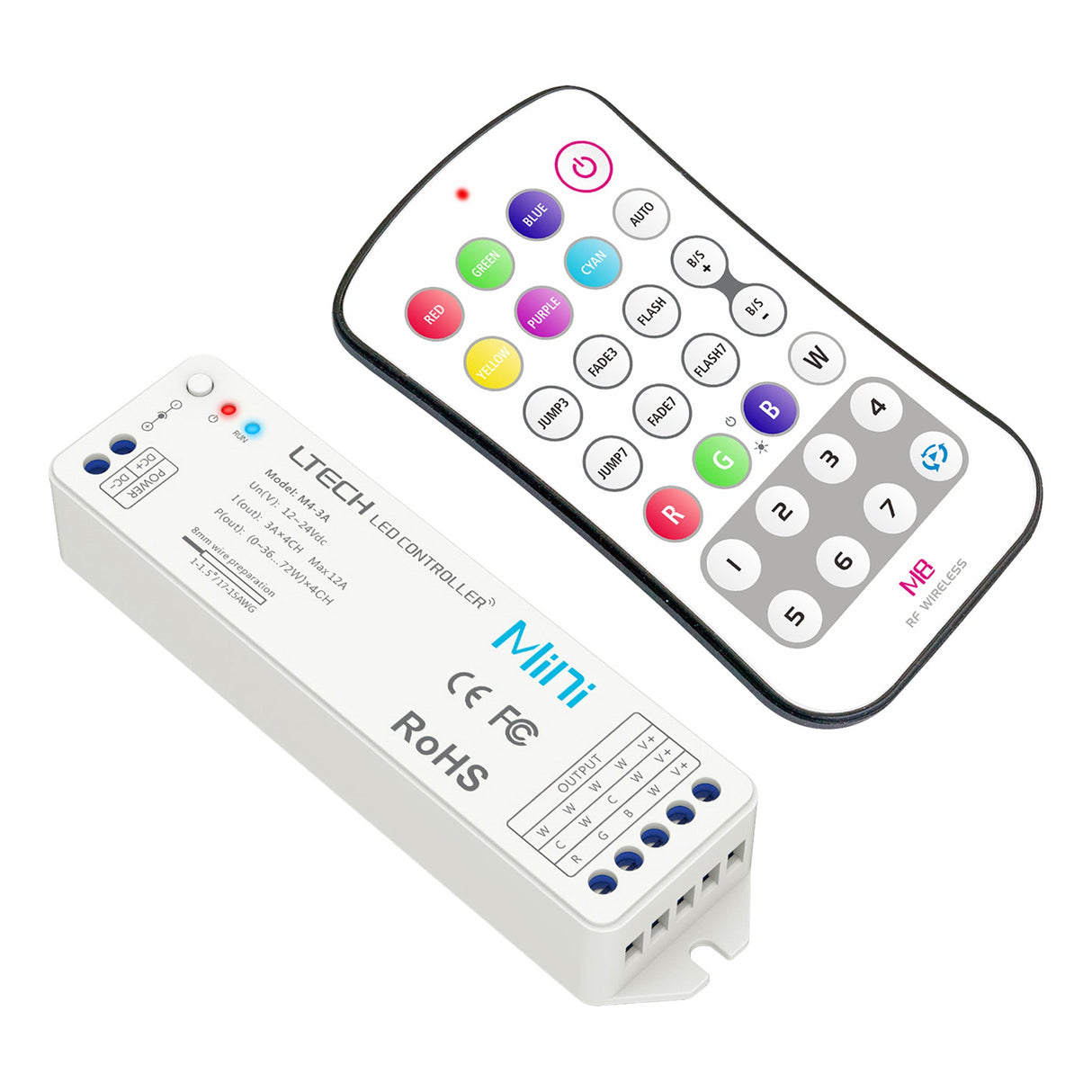 Ltech M8+M4 - 3A Mini Controller with RF Remote - RGBW - M8+M4 - 3A - powersupplymall.com
