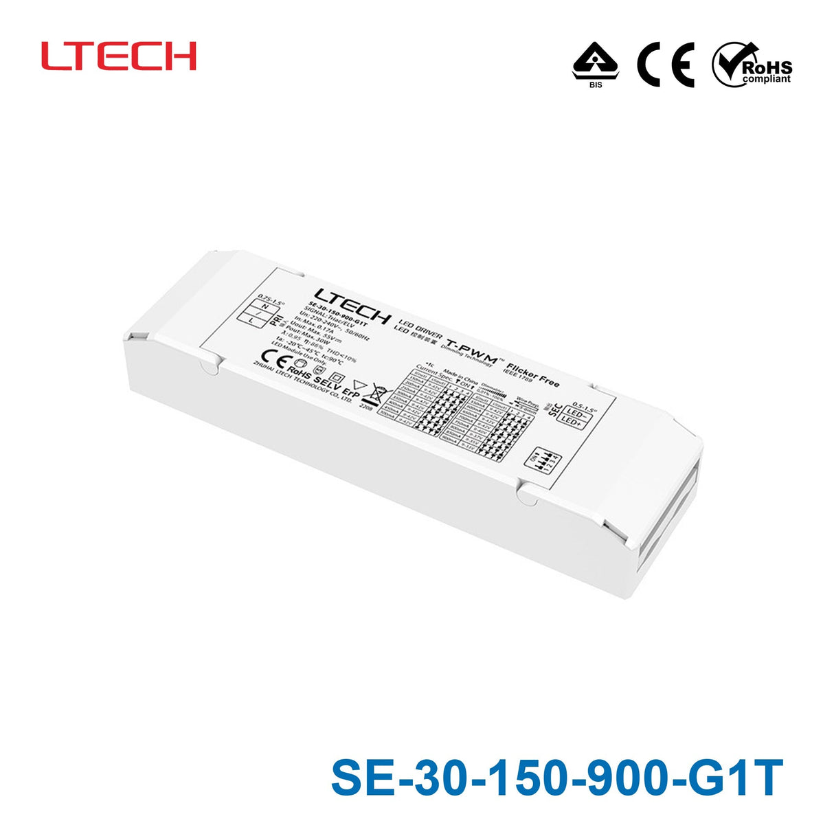 LTECH SE-30-150-900-G1T 30W 150mA ~ 900mA CC Triac LED Driver - SE-30-150-900-G1T - powersupplymall.com