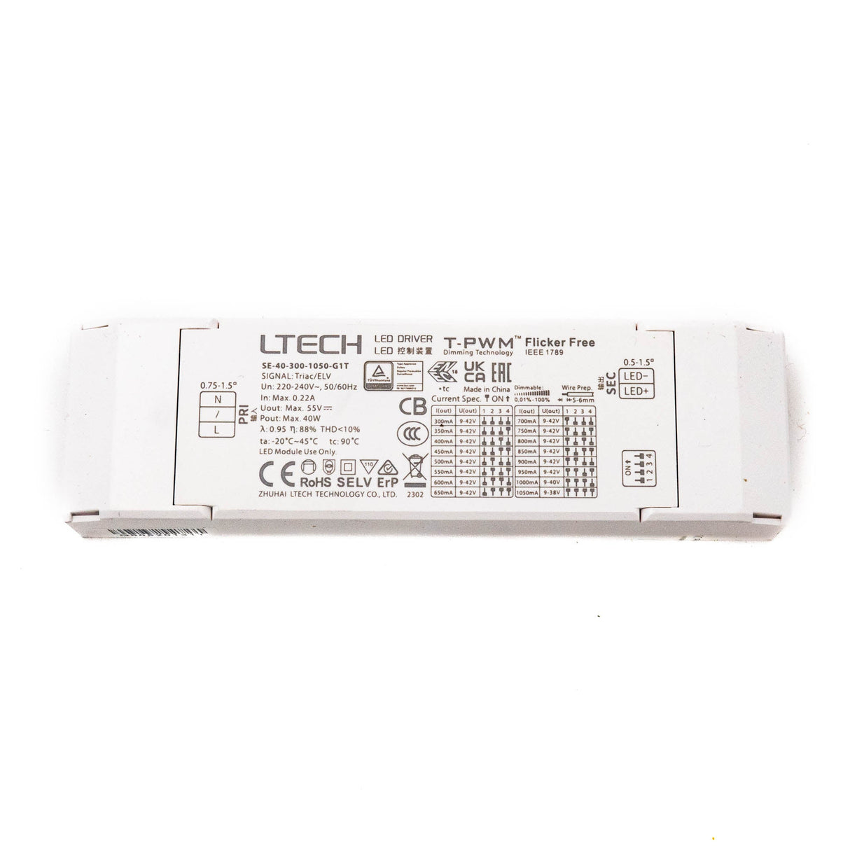LTECH SE - 40 - 300 - 1050 - G1T 40W 300mA ~ 1050mA CC Triac LED Driver - SE-40-300-1050-G1T - powersupplymall.com