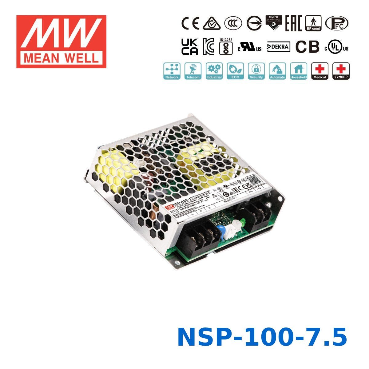 Mean Well 100.5W High Reliable Multi-Industries Power Supply 7.5V 13.4A - NSP-100-7.5 - powersupplymall.com
