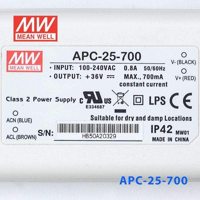 Mean Well APC-25-700 Power Supply 25W 700mA - APC-25-700 - powersupplymall.com