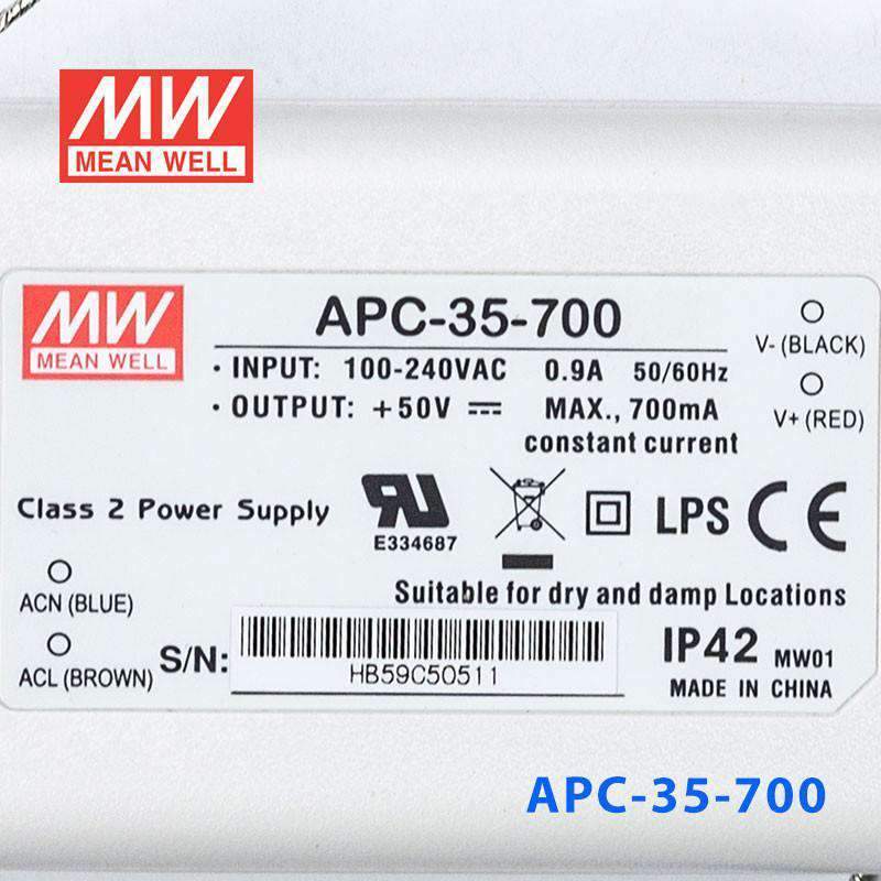 Mean Well APC - 35 - 700 Power Supply 35W 700mA - APC - 35 - 700 - powersupplymall.com