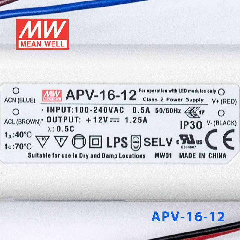 Mean Well APV - 16 - 12 Power Supply 15W 12V - APV - 16 - 12 - powersupplymall.com