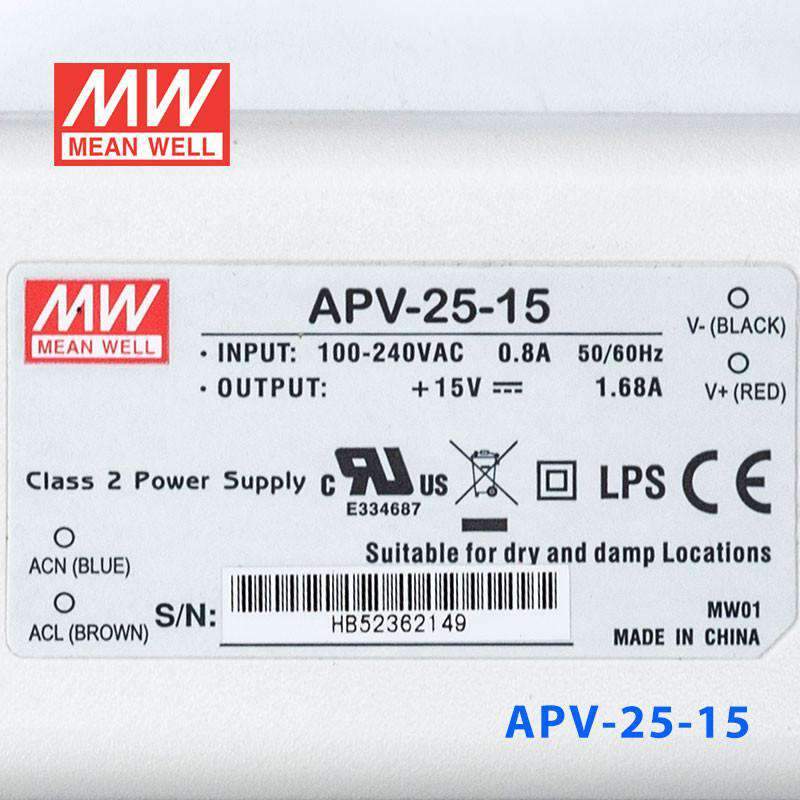 Mean Well APV - 25 - 15 Power Supply 25W 15V - APV - 25 - 15 - powersupplymall.com
