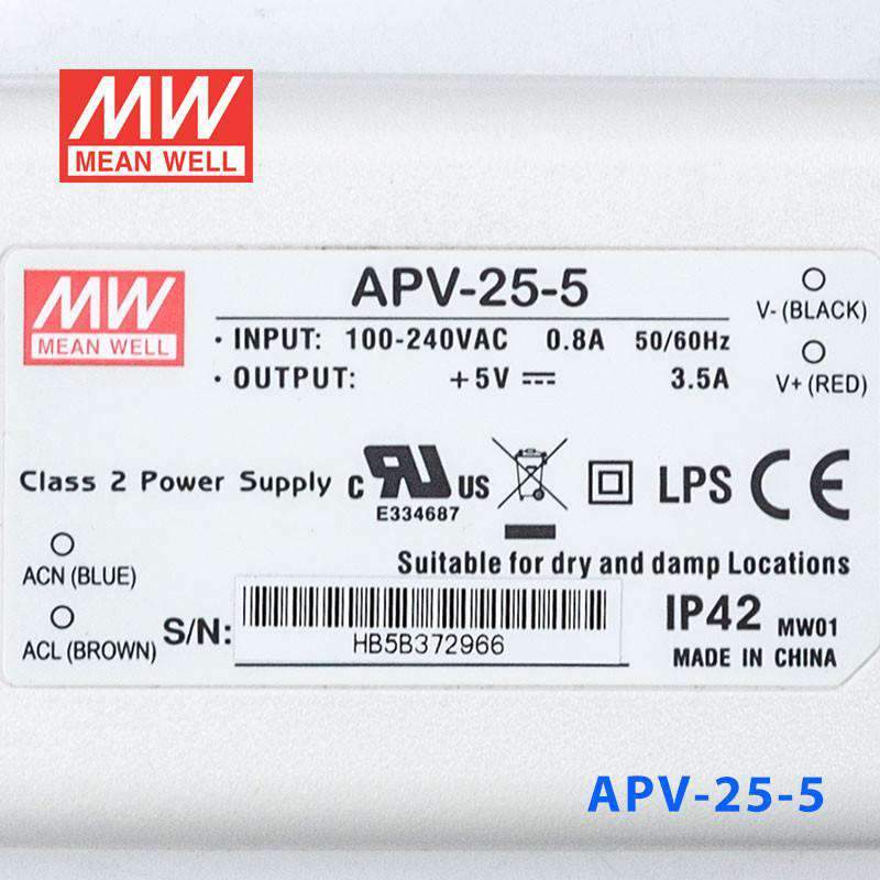 Mean Well APV - 25 - 5 Power Supply 16W 5V - APV - 25 - 5 - powersupplymall.com