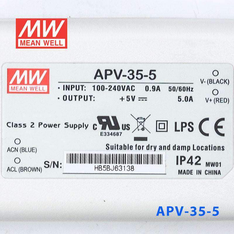 Mean Well APV - 35 - 5 Power Supply 25W 5V - APV - 35 - 5 - powersupplymall.com