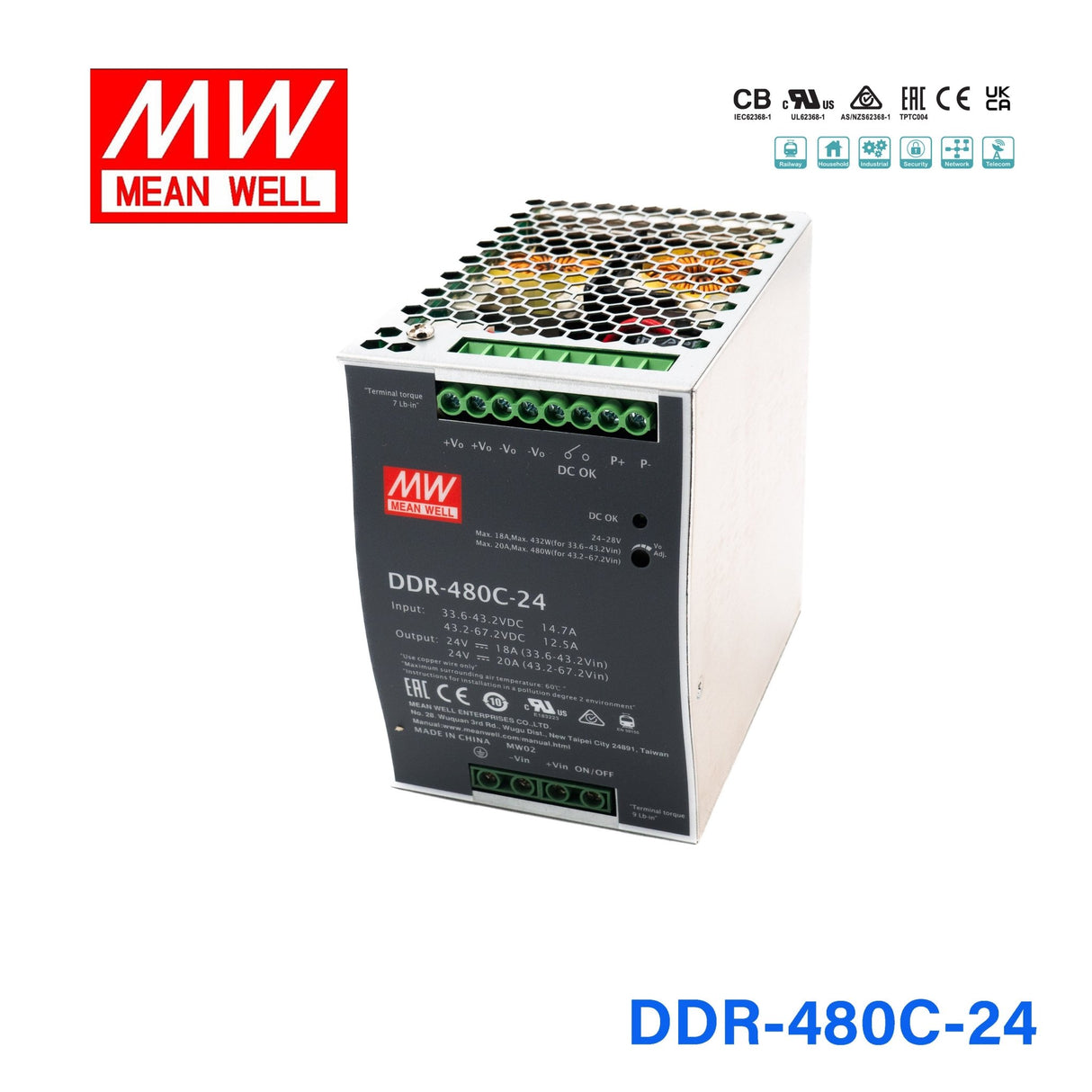 Mean Well DDR - 480C - 24 DC - DC Converter - 480W - 33.6~67.2V in 24V out - DDR - 480C - 24 - powersupplymall.com