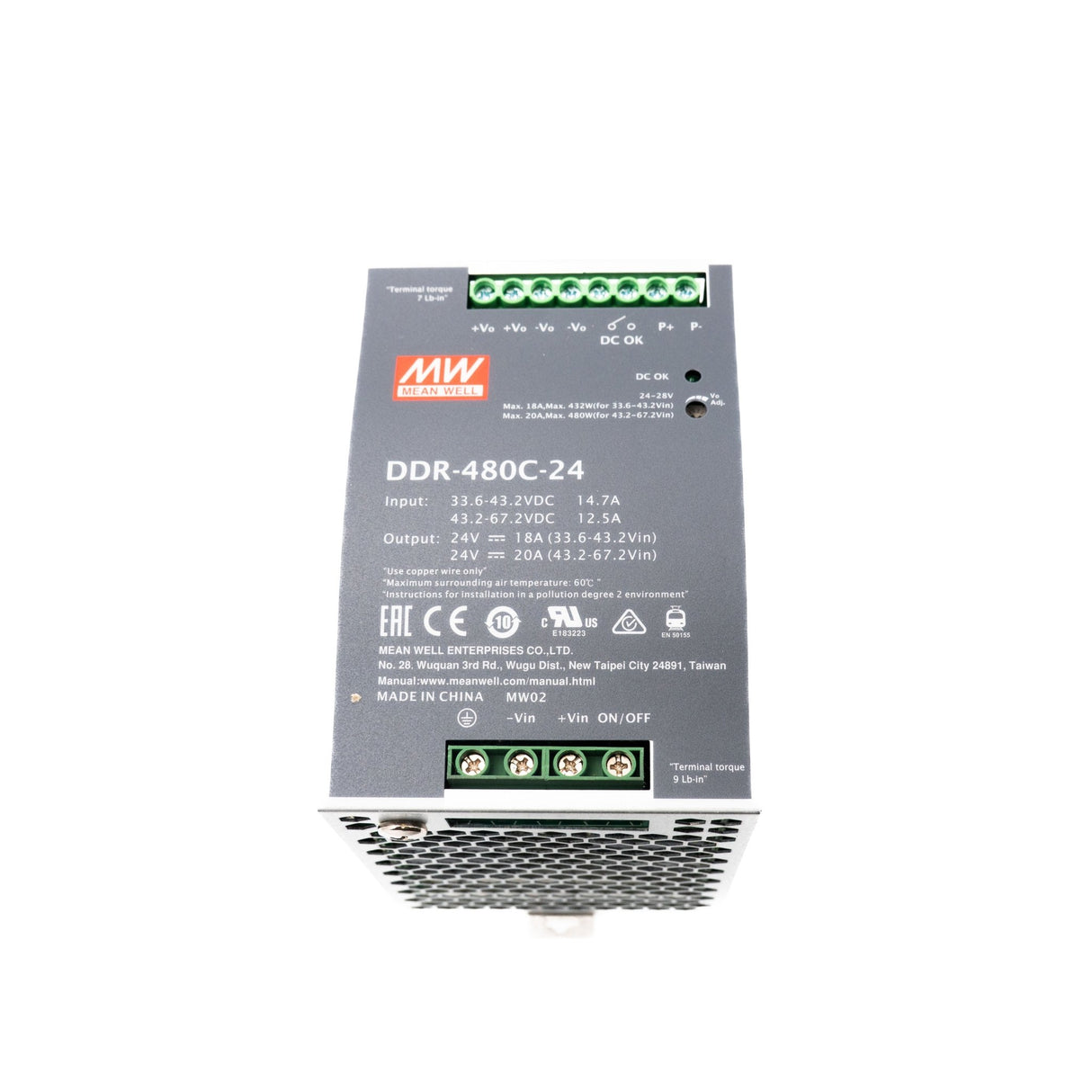 Mean Well DDR - 480C - 24 DC - DC Converter - 480W - 33.6~67.2V in 24V out - DDR - 480C - 24 - powersupplymall.com