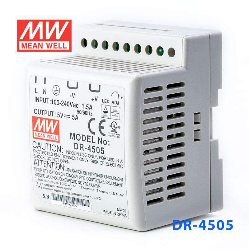 Mean Well DR - 4505 AC - DC Industrial DIN rail power supply 45W - DR - 4505 - powersupplymall.com