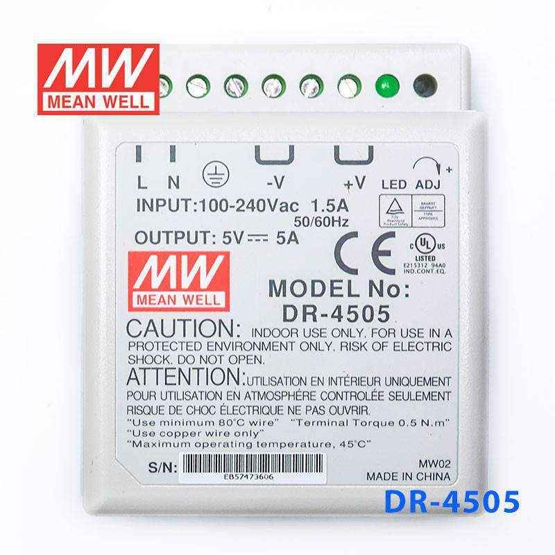 Mean Well DR - 4505 AC - DC Industrial DIN rail power supply 45W - DR - 4505 - powersupplymall.com