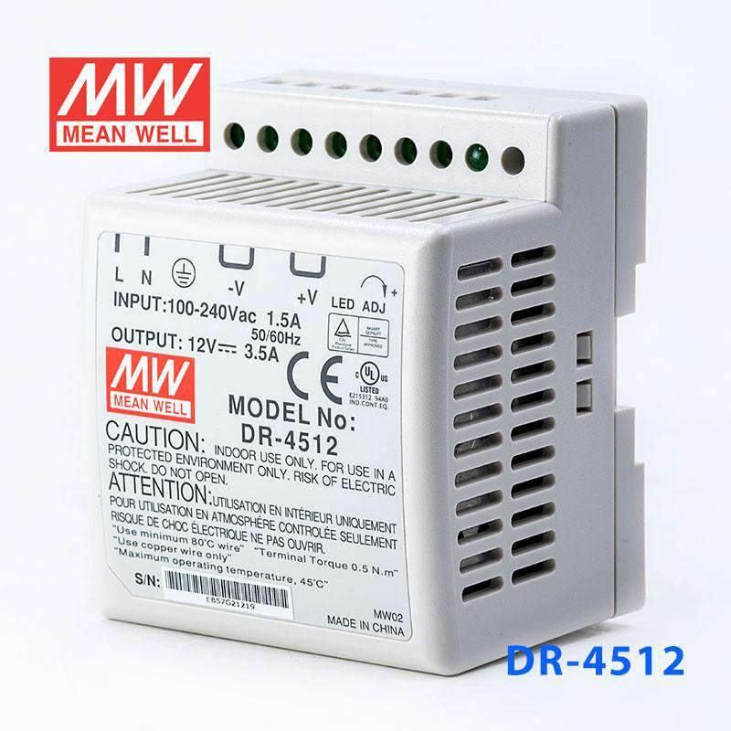 Mean Well DR - 4512 AC - DC Industrial DIN rail power supply 45W - DR - 4512 - powersupplymall.com